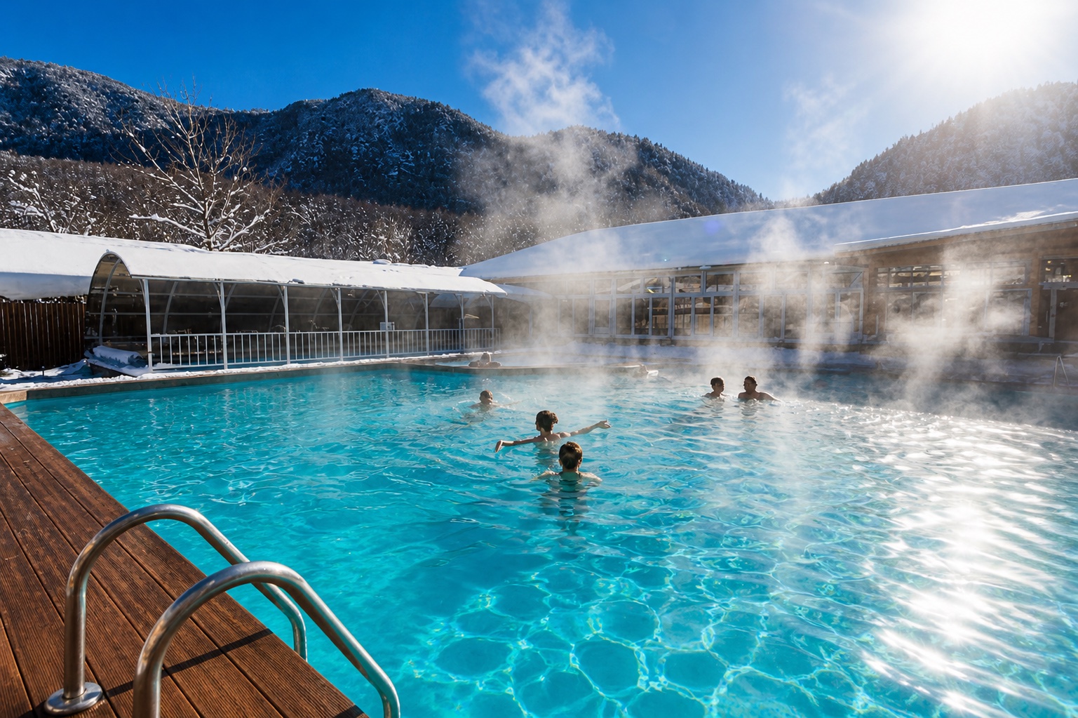 Outdoor thermal pool in the snowy mountains